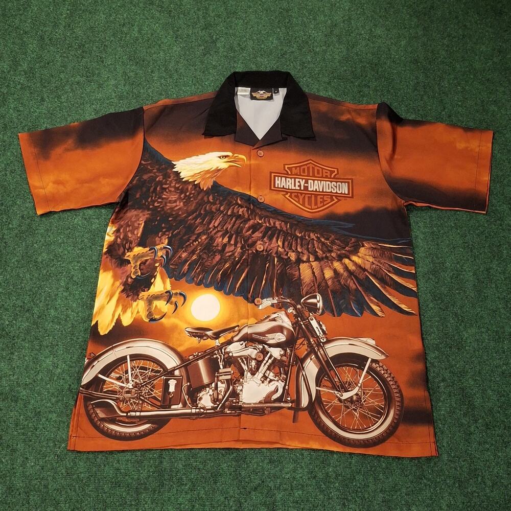 Vintage Harley Davidson AOP Eagle Motorcycle Biker Button Down Shirt Graphic M